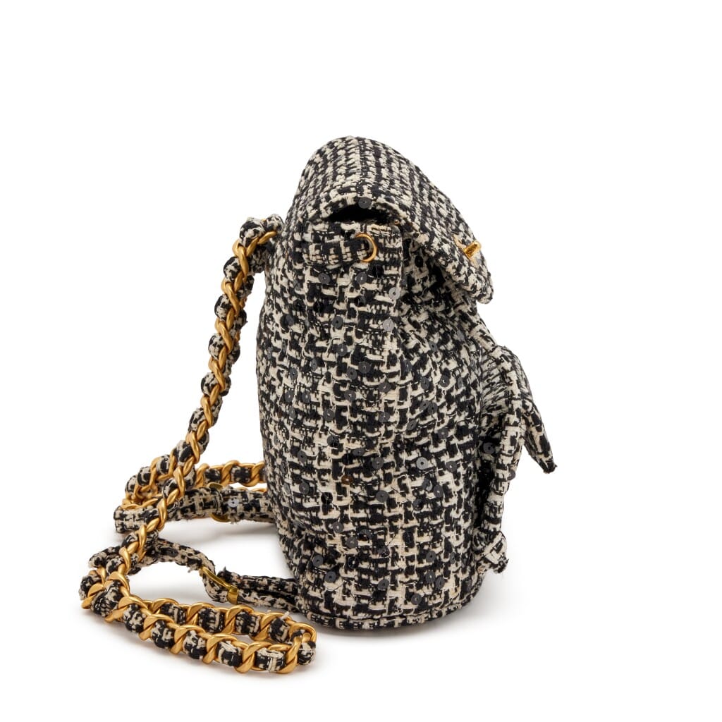 Black and White Quilted Sequin Tweed Medium Duma Timeless CC Backpack Gold Hardware, 1994