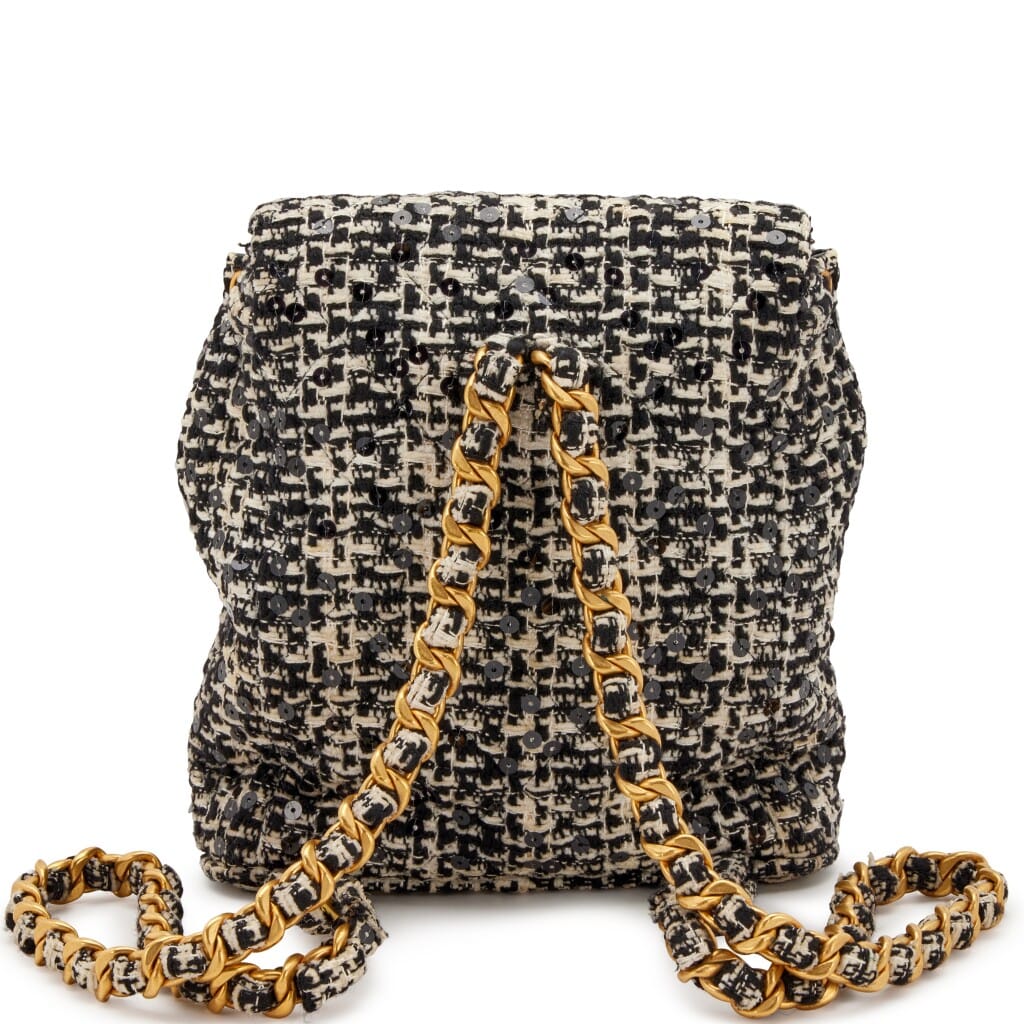 Black and White Quilted Sequin Tweed Medium Duma Timeless CC Backpack Gold Hardware, 1994
