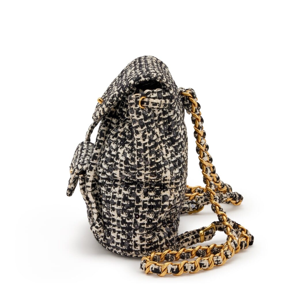 Black and White Quilted Sequin Tweed Medium Duma Timeless CC Backpack Gold Hardware, 1994