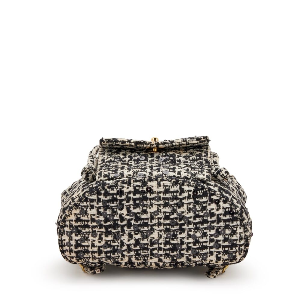 Black and White Quilted Sequin Tweed Medium Duma Timeless CC Backpack Gold Hardware, 1994