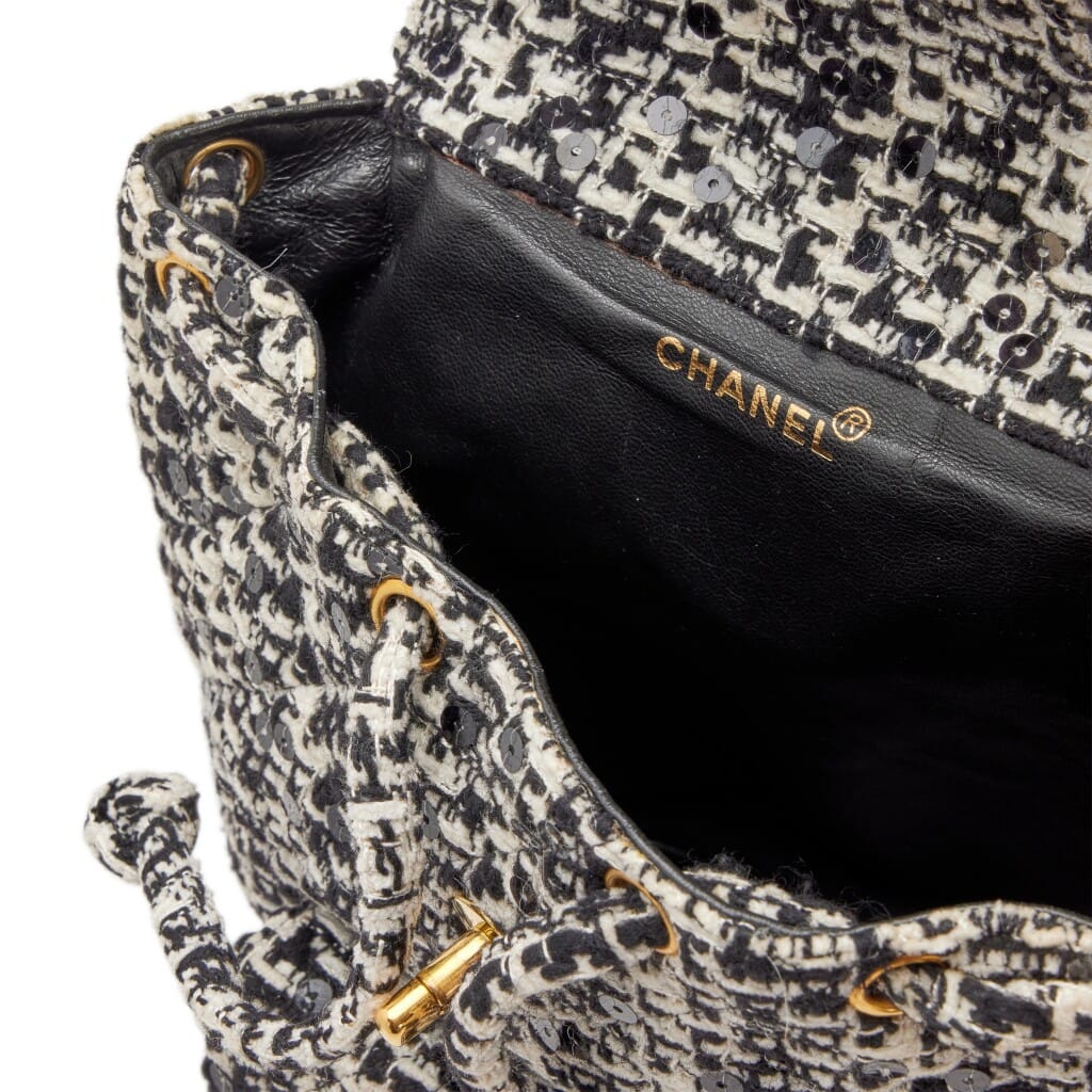 Black and White Quilted Sequin Tweed Medium Duma Timeless CC Backpack Gold Hardware, 1994