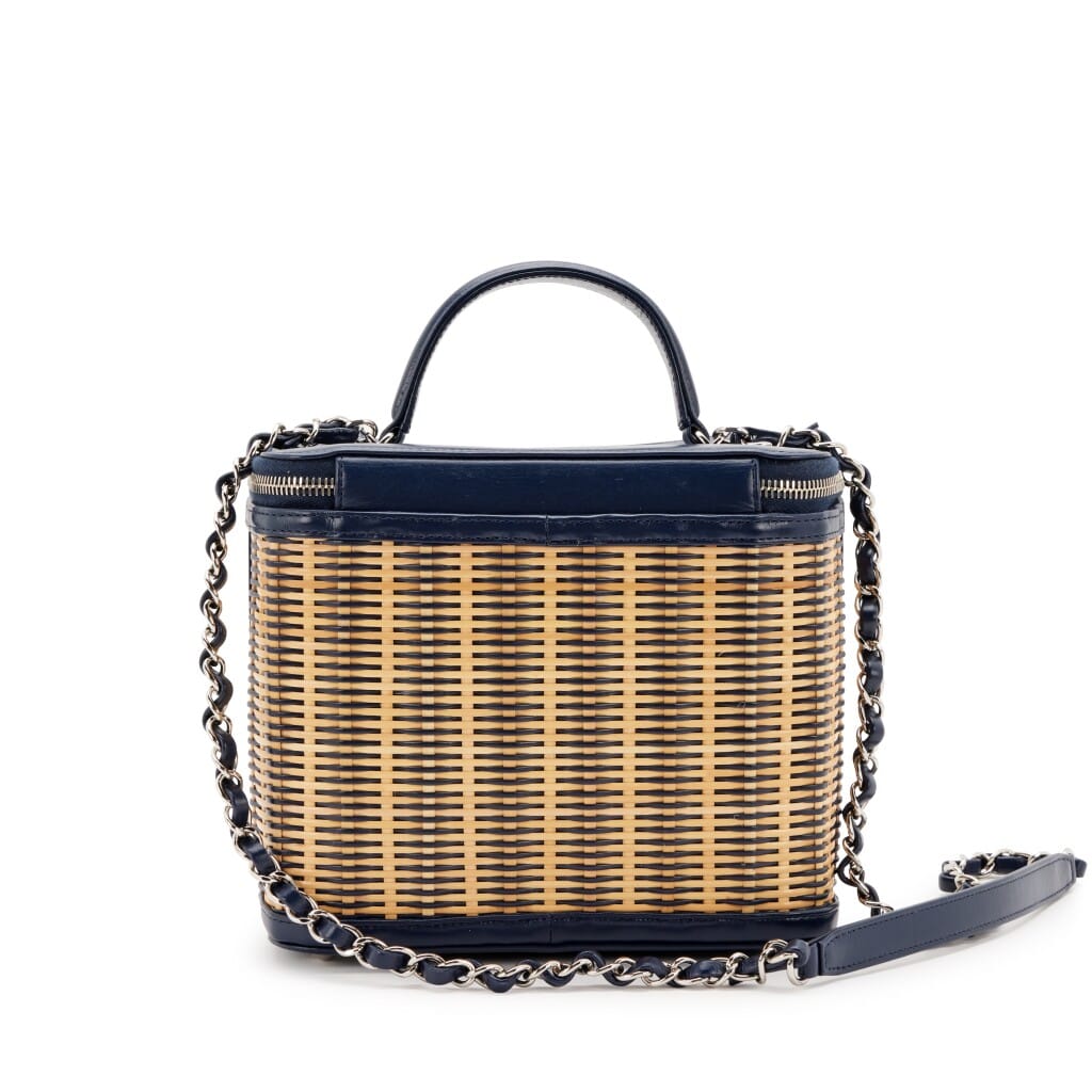 Navy Blue Glazed Calfskin and Beige Raffia Rattan Take Away Vanity Case Silver Hardware, 2020