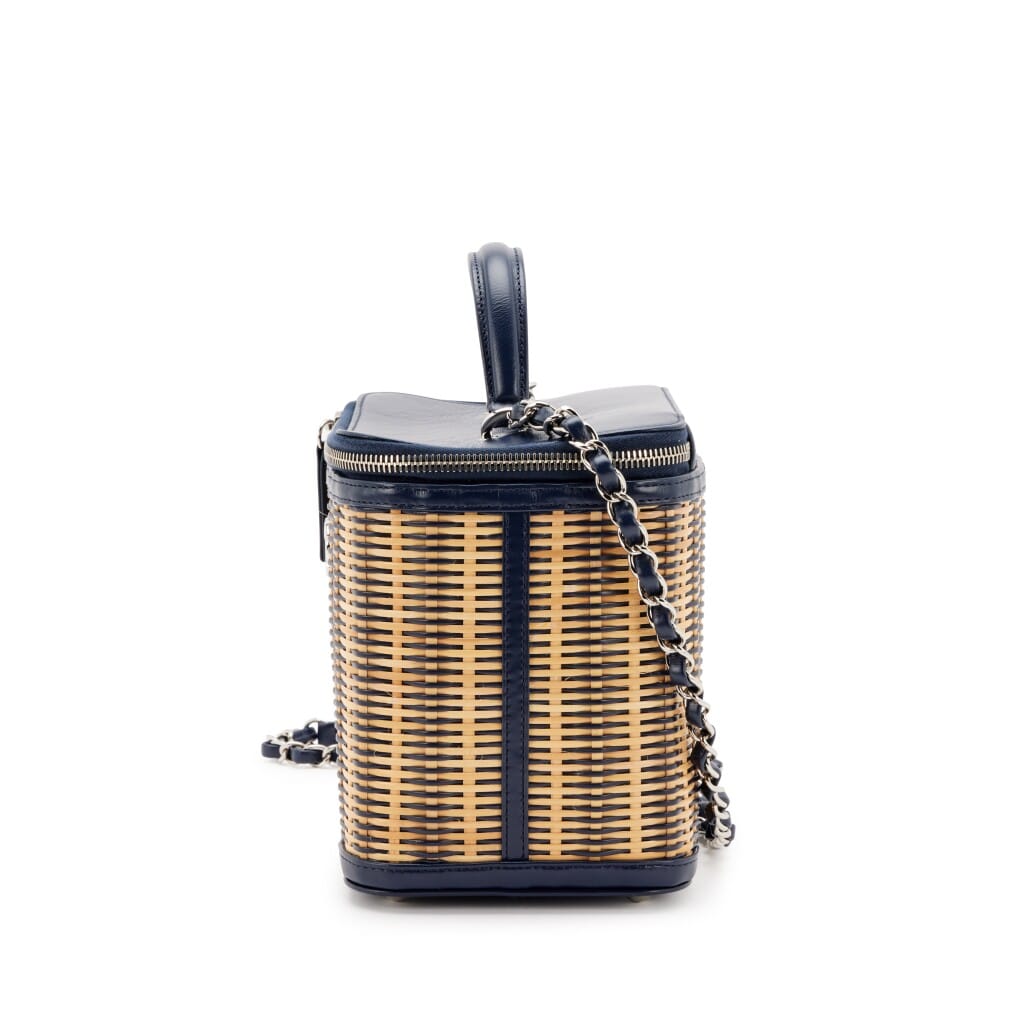 Navy Blue Glazed Calfskin and Beige Raffia Rattan Take Away Vanity Case Silver Hardware, 2020