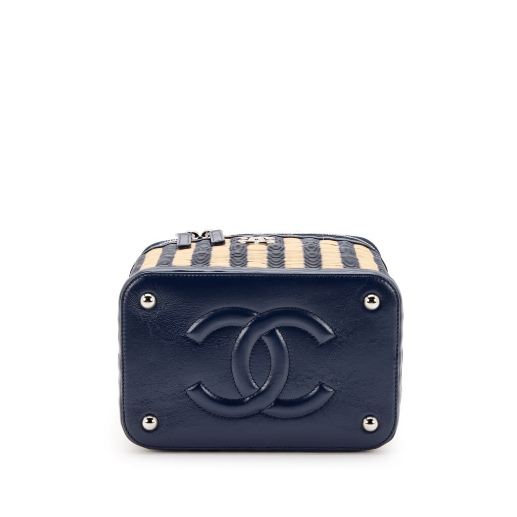 Navy Blue Glazed Calfskin and Beige Raffia Rattan Take Away Vanity Case Silver Hardware, 2020