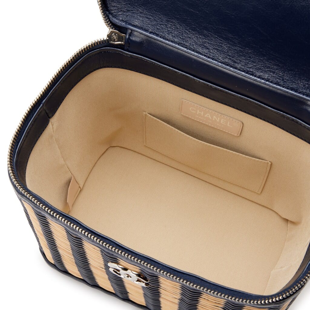 Navy Blue Glazed Calfskin and Beige Raffia Rattan Take Away Vanity Case Silver Hardware, 2020
