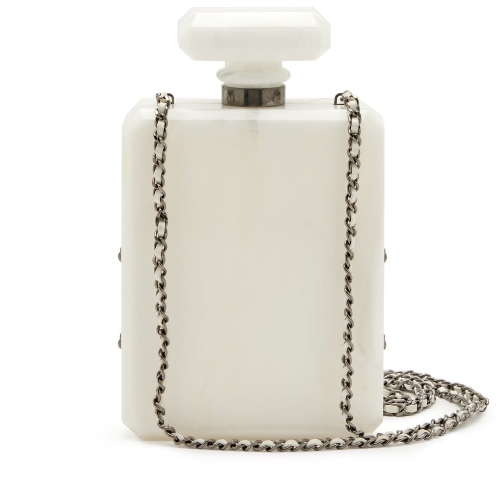 White Marble Plexiglass A Métiers D'Art Paris-Rome No 5 Perfume Bottle Minaudiere Clutch Gunmetal Hardware, 2016