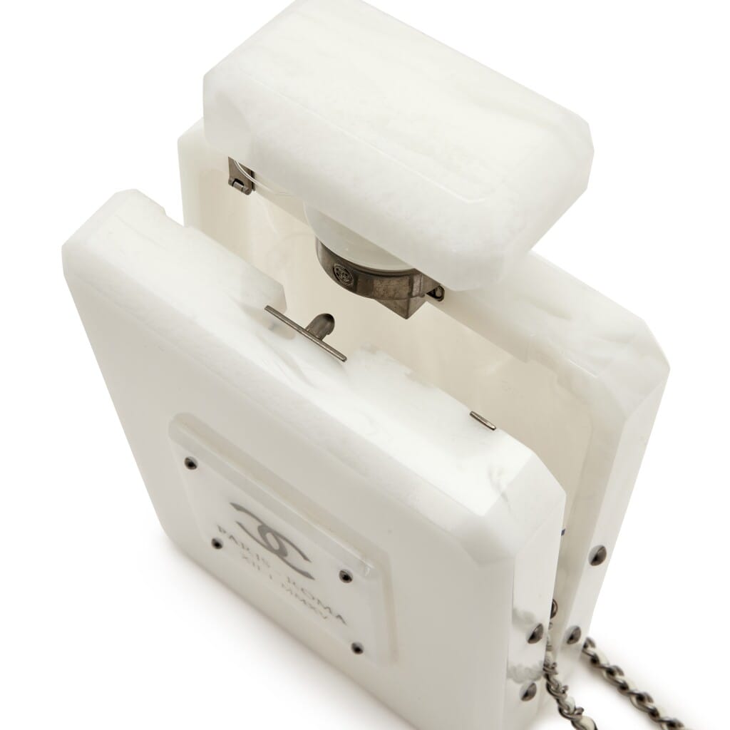 White Marble Plexiglass A Métiers D'Art Paris-Rome No 5 Perfume Bottle Minaudiere Clutch Gunmetal Hardware, 2016