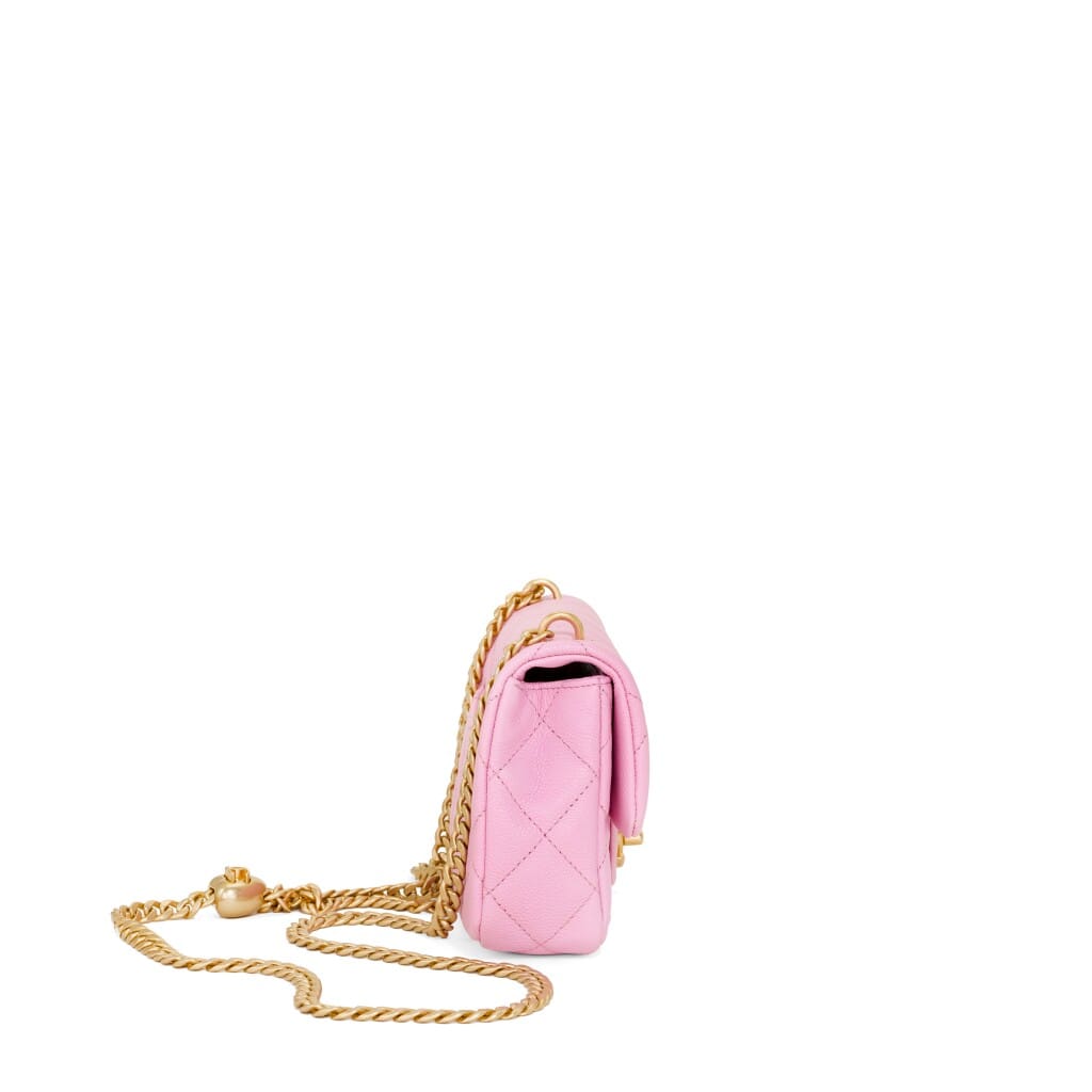 Pink Quilted Caviar Sweetheart Chain Mini Rectangular Classic Single Flap Aged Gold Hardware, 2023