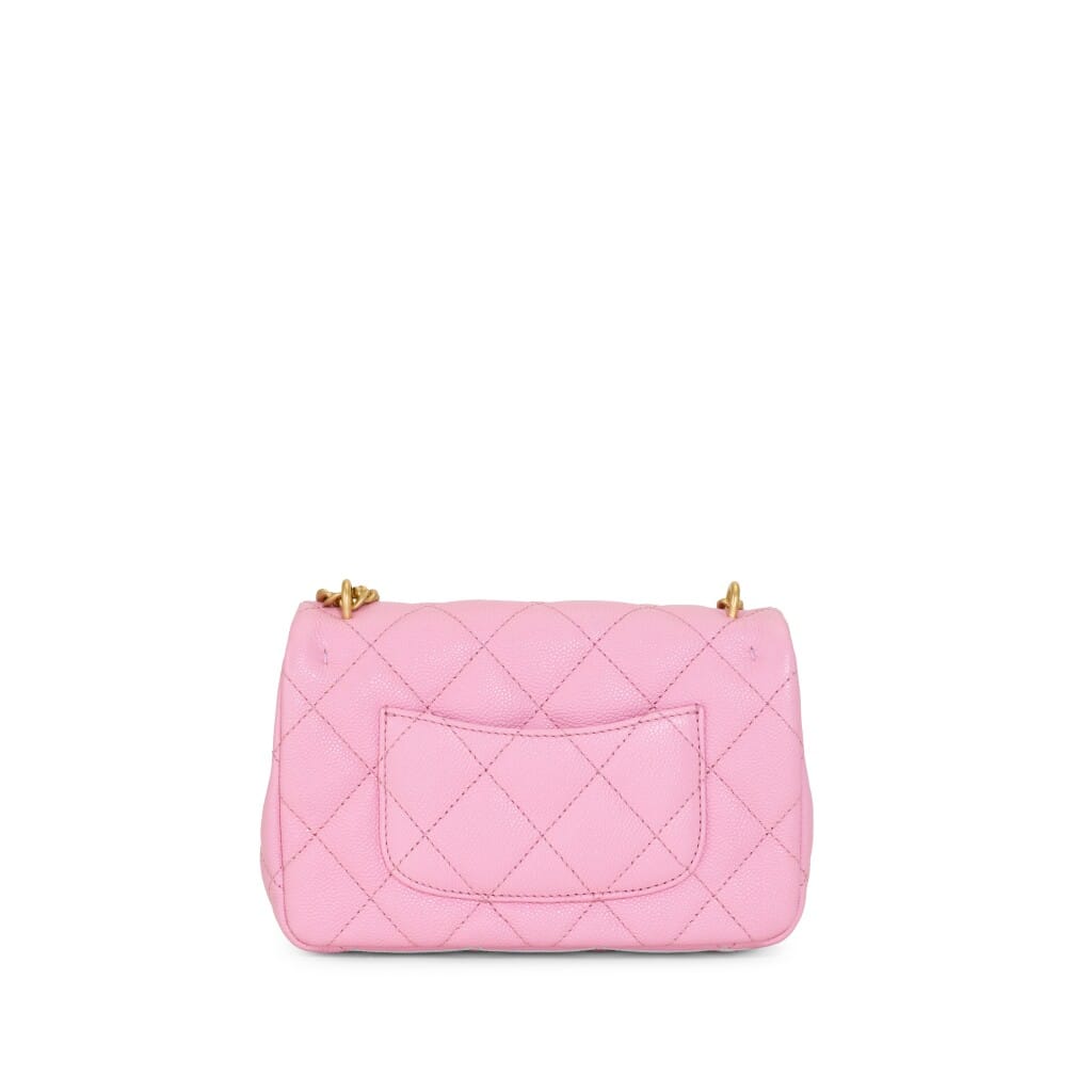 Pink Quilted Caviar Sweetheart Chain Mini Rectangular Classic Single Flap Aged Gold Hardware, 2023