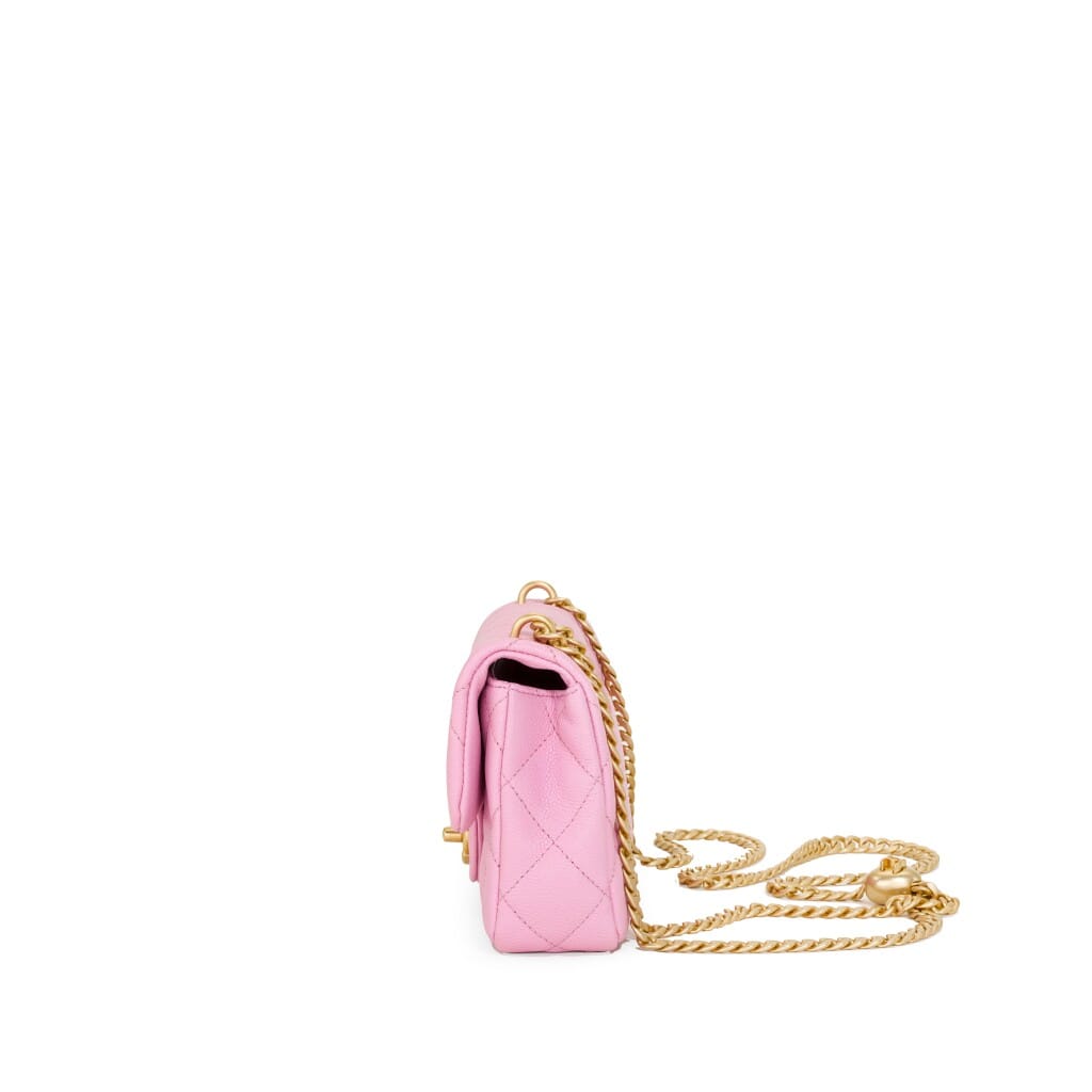 Pink Quilted Caviar Sweetheart Chain Mini Rectangular Classic Single Flap Aged Gold Hardware, 2023