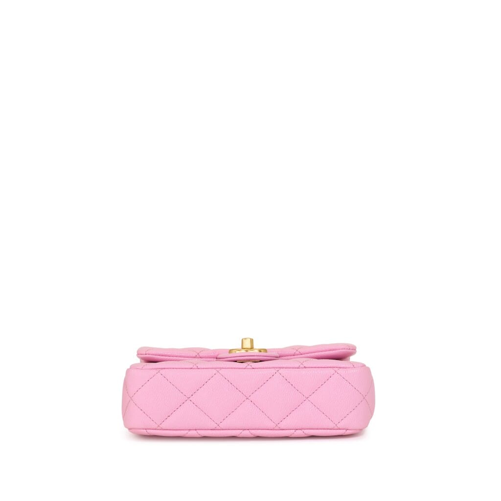 Pink Quilted Caviar Sweetheart Chain Mini Rectangular Classic Single Flap Aged Gold Hardware, 2023