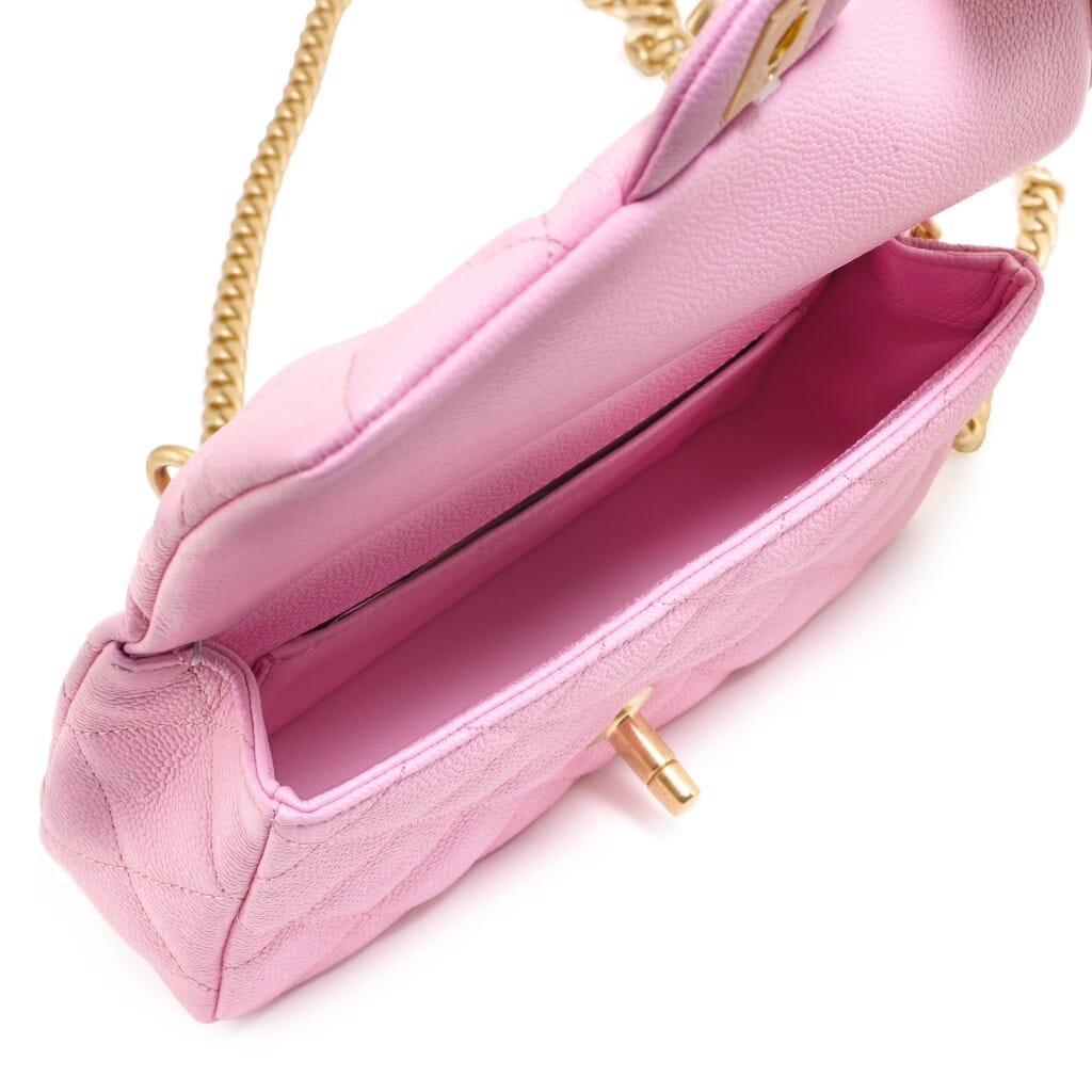 Pink Quilted Caviar Sweetheart Chain Mini Rectangular Classic Single Flap Aged Gold Hardware, 2023