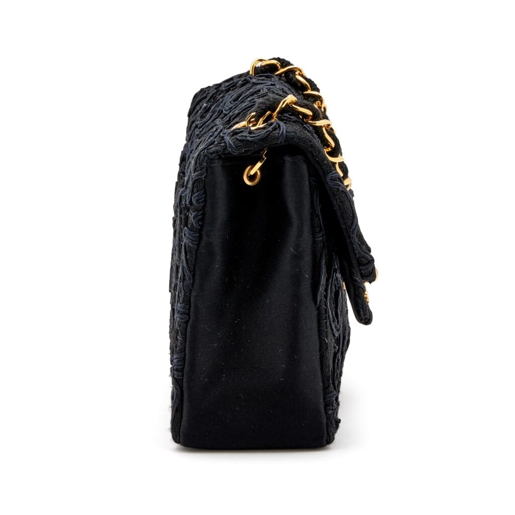 Black Lace Satin Mini Square Classic Single Flap Gold Hardware, 1991