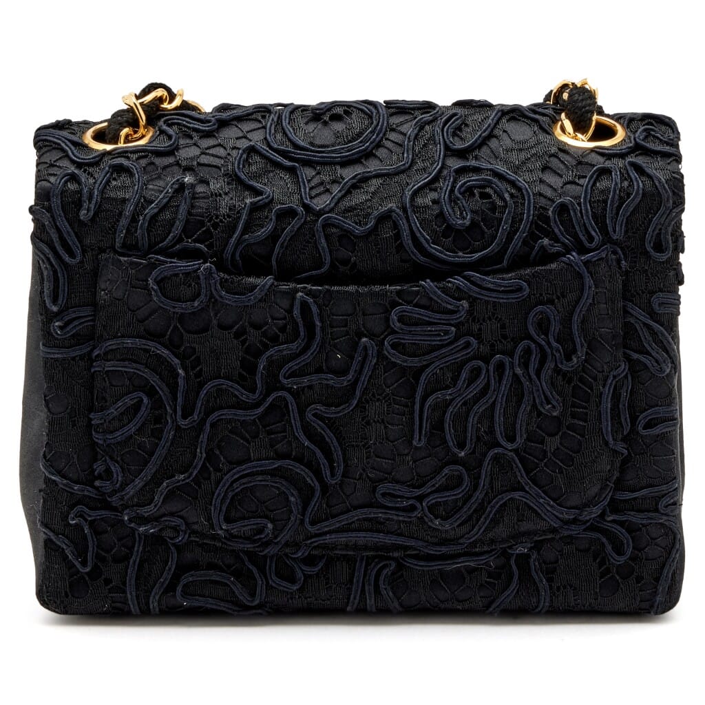 Black Lace Satin Mini Square Classic Single Flap Gold Hardware, 1991