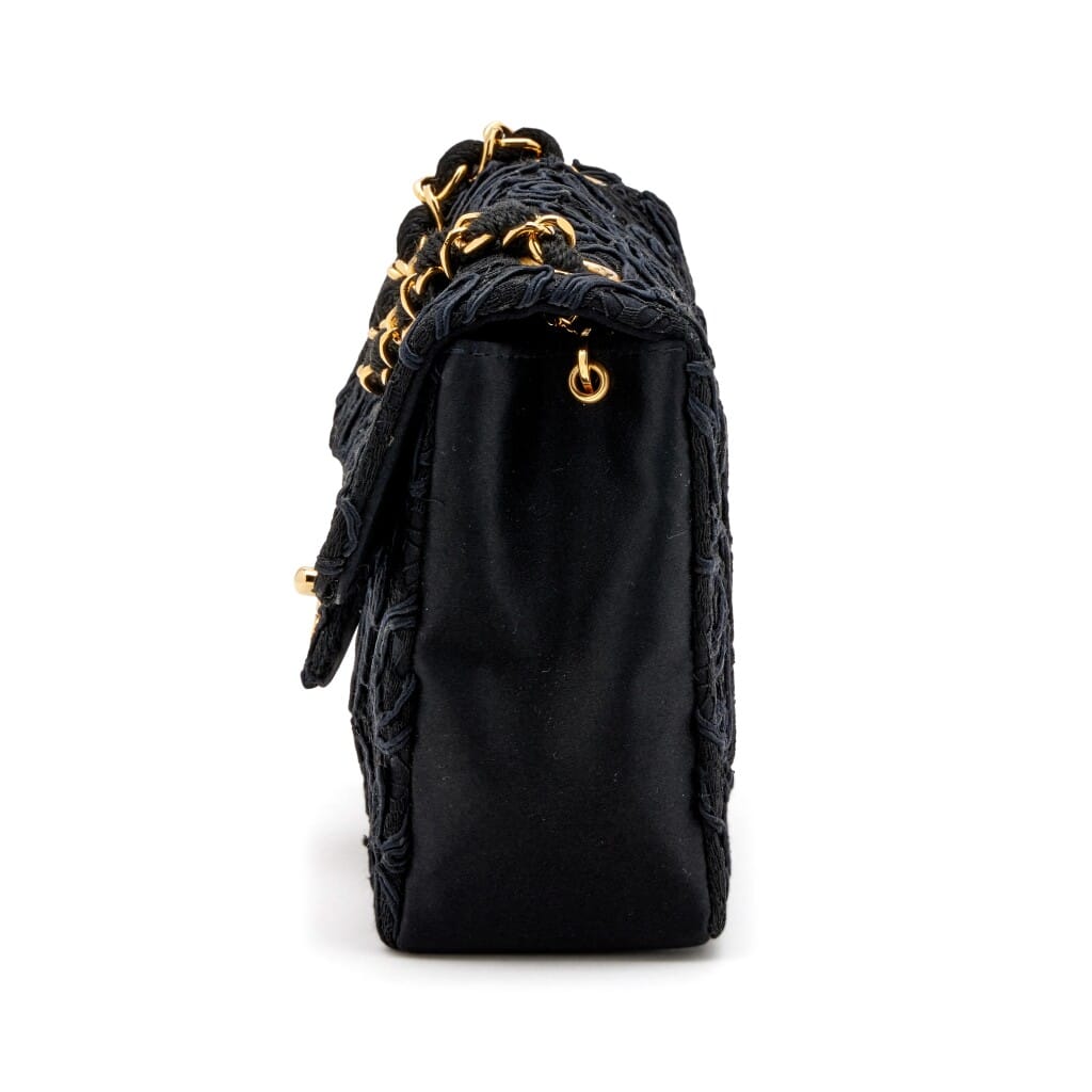 Black Lace Satin Mini Square Classic Single Flap Gold Hardware, 1991