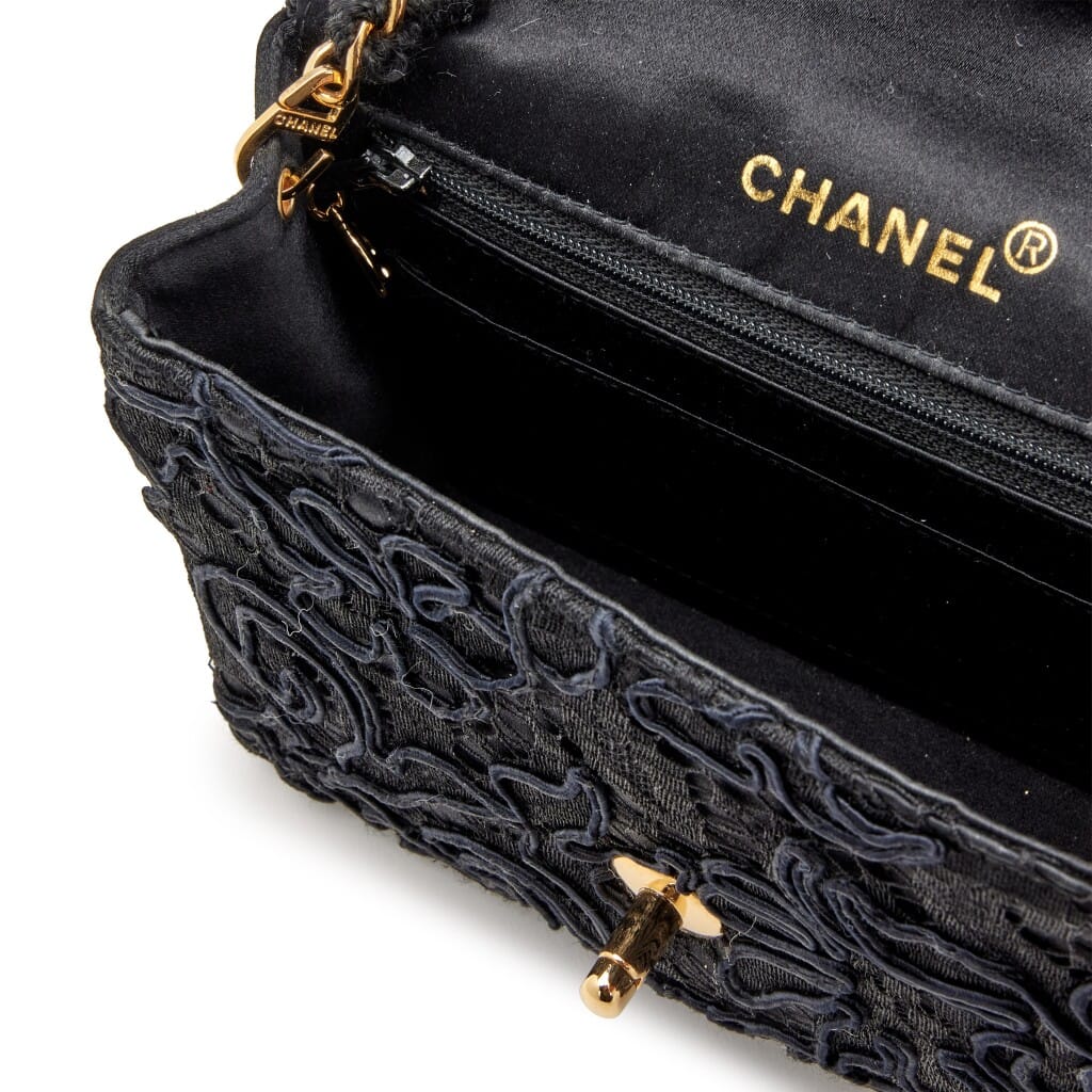 Black Lace Satin Mini Square Classic Single Flap Gold Hardware, 1991