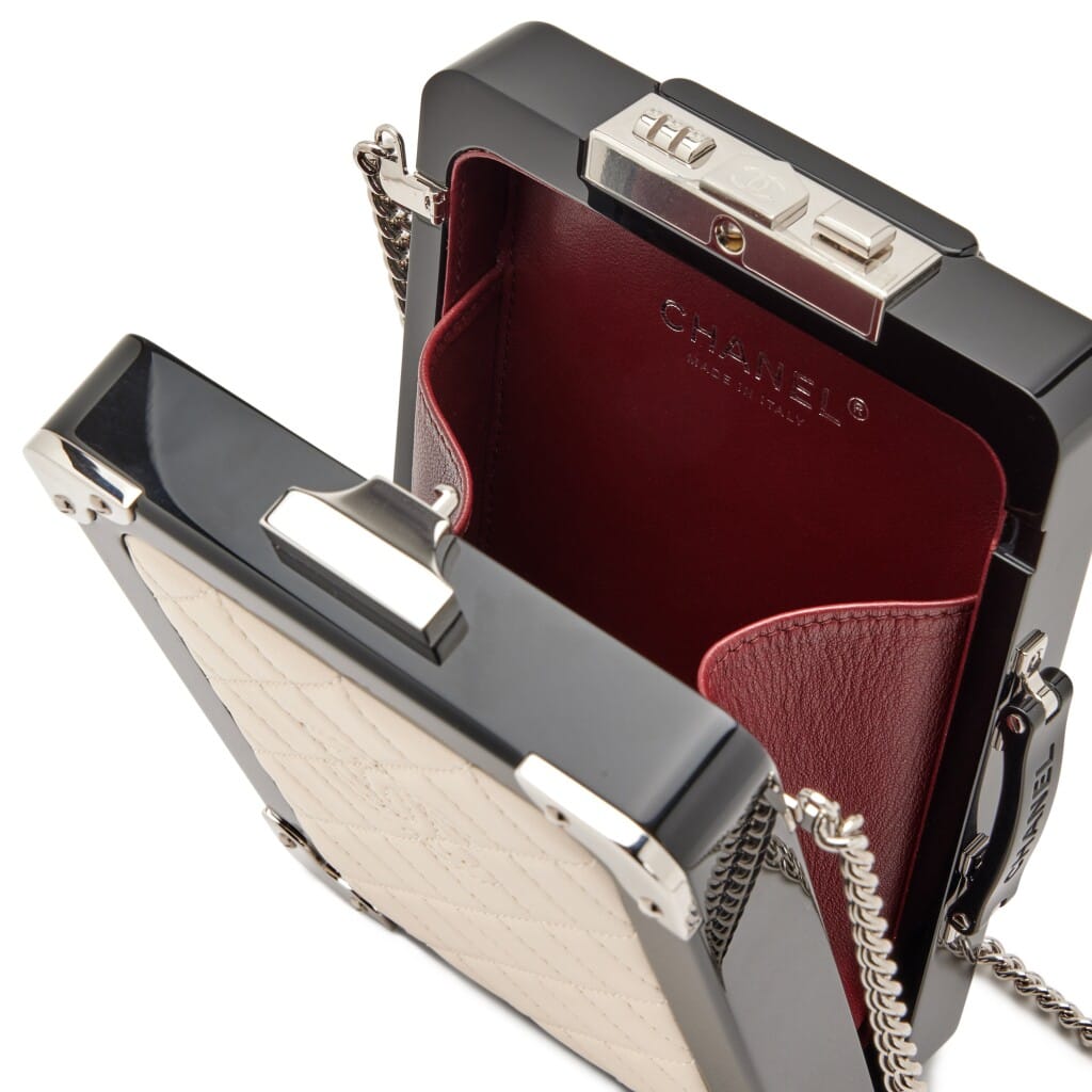 Cream White Quilted Lambskin and Black Plexiglass Evening In The Air Mini Trolley Minaudiere Clutch Silver Hardware, 2016