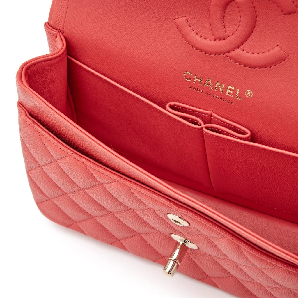 Coral Pink Quilted Caviar Small Classic Double Flap Light Gold Hardware, 2021