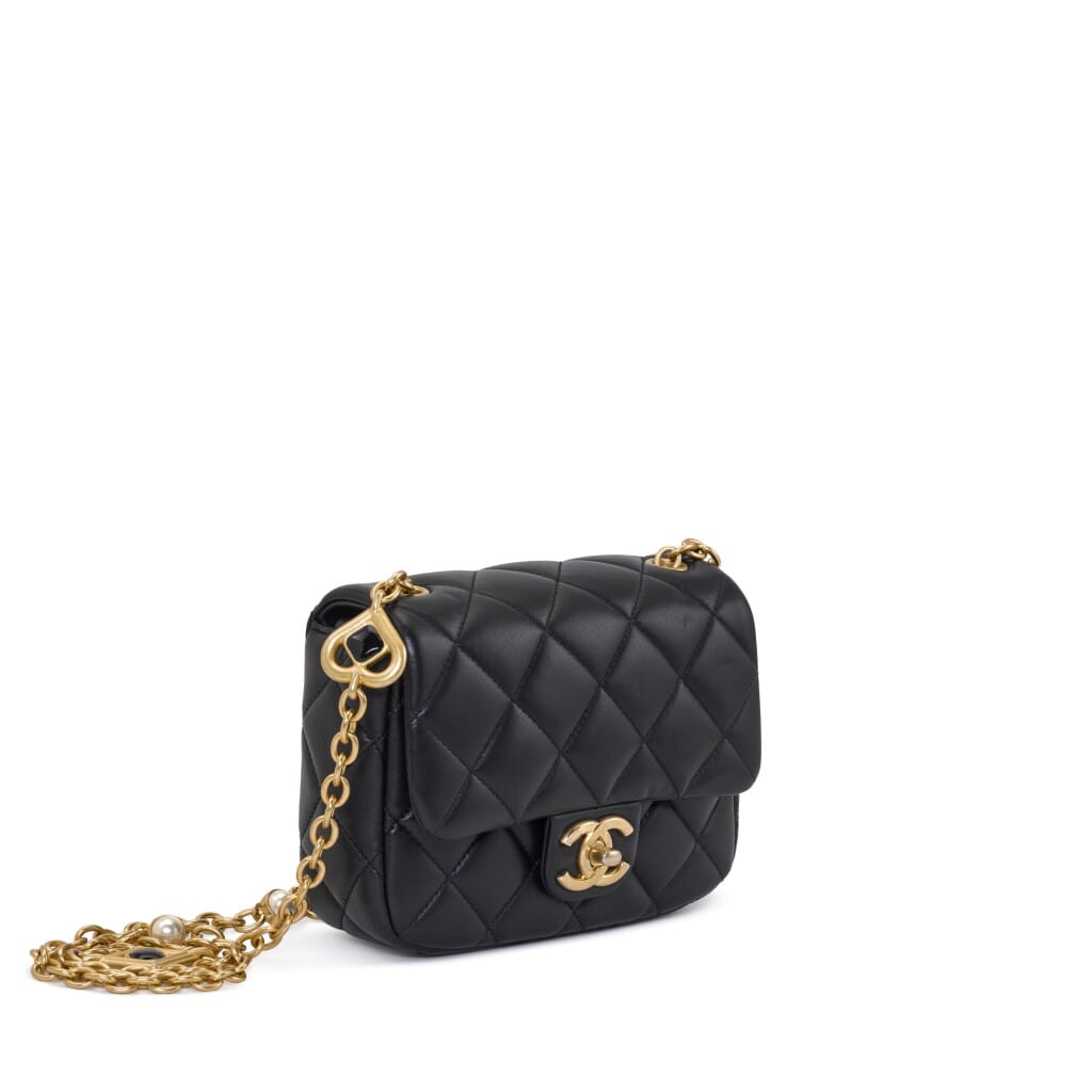 Black Quilted Lambskin Mini Rectangular Gemstone and Imitation Pearl Heart Chain Classic Single Flap Gold Hardware, 2022