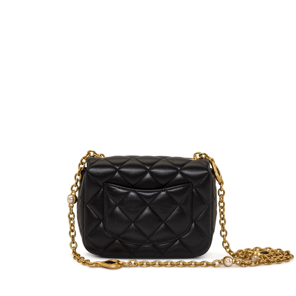 Black Quilted Lambskin Mini Rectangular Gemstone and Imitation Pearl Heart Chain Classic Single Flap Gold Hardware, 2022