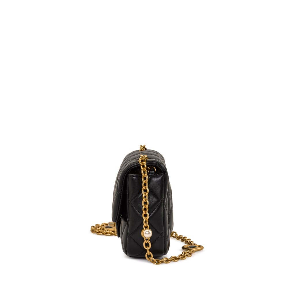 Black Quilted Lambskin Mini Rectangular Gemstone and Imitation Pearl Heart Chain Classic Single Flap Gold Hardware, 2022