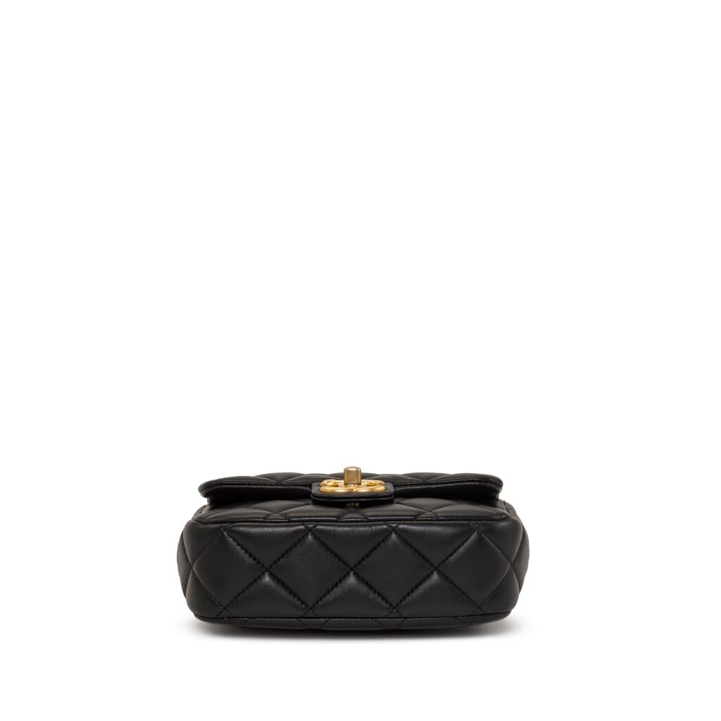 Black Quilted Lambskin Mini Rectangular Gemstone and Imitation Pearl Heart Chain Classic Single Flap Gold Hardware, 2022