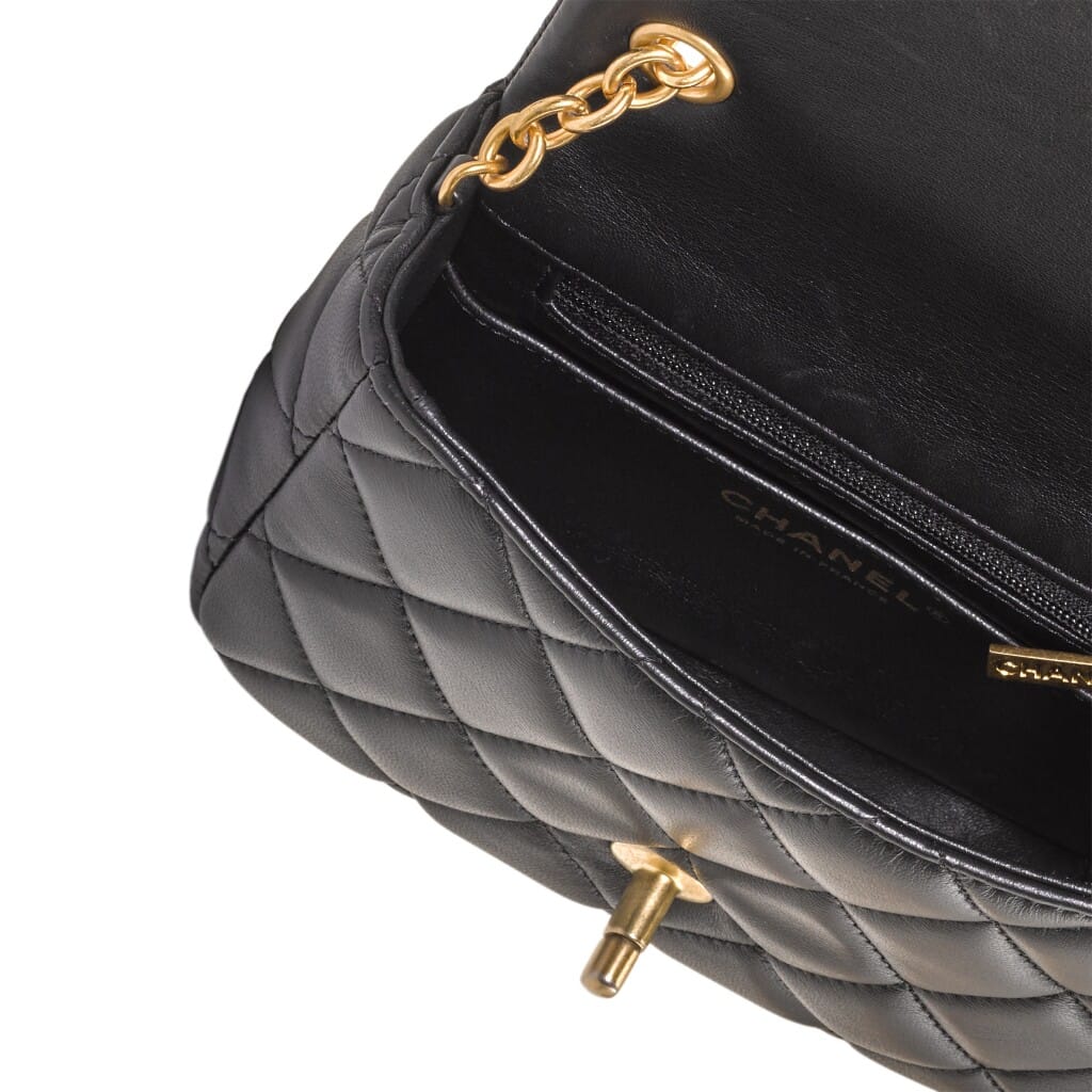 Black Quilted Lambskin Mini Rectangular Gemstone and Imitation Pearl Heart Chain Classic Single Flap Gold Hardware, 2022