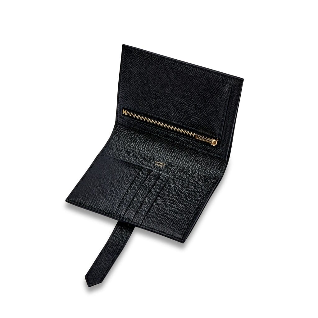 Black Epsom Bearn Compact Wallet Gold Hardware, 2023