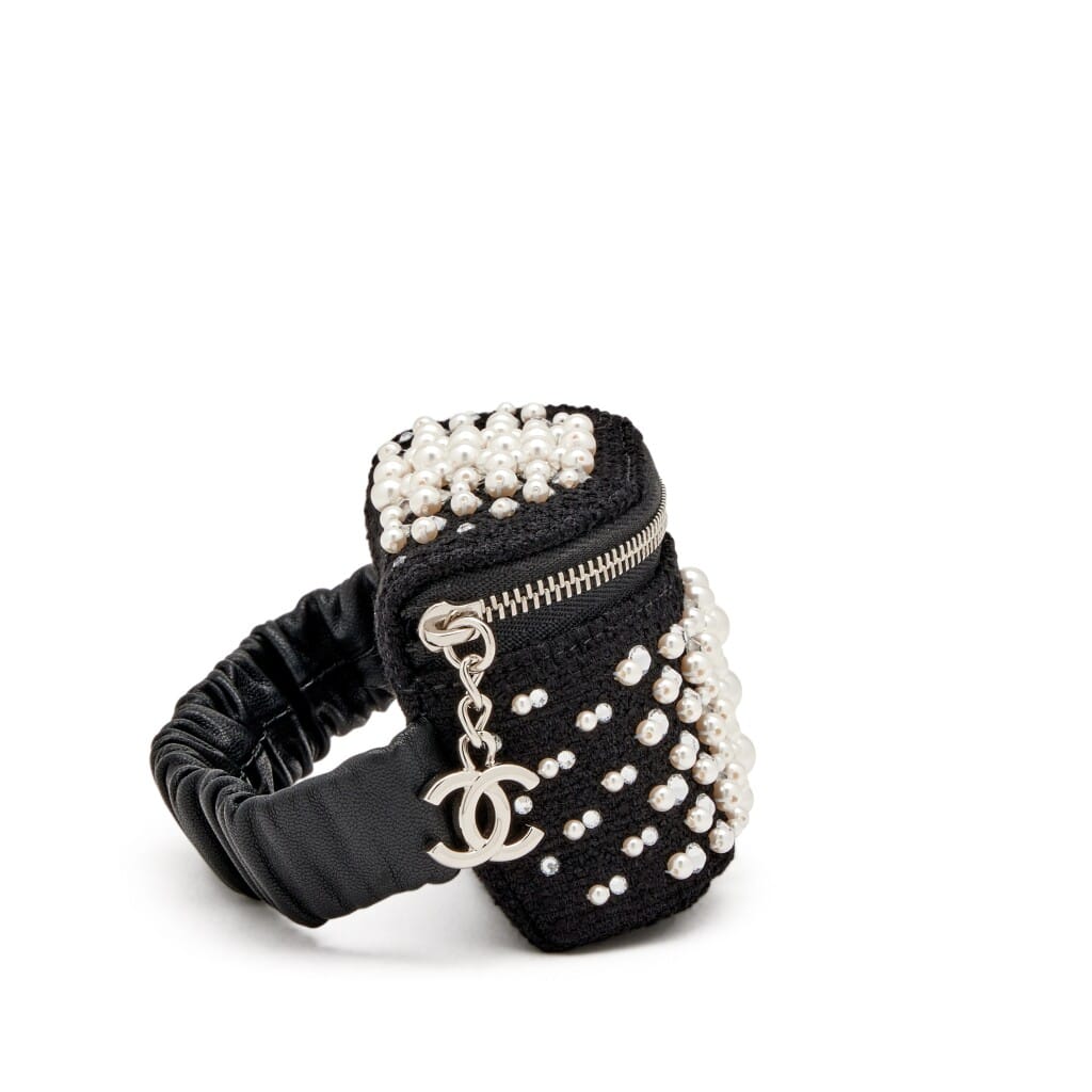 Black Tweed, Imitation Pearl and Strass Arm Band Pouch Silver Hardware, 2021