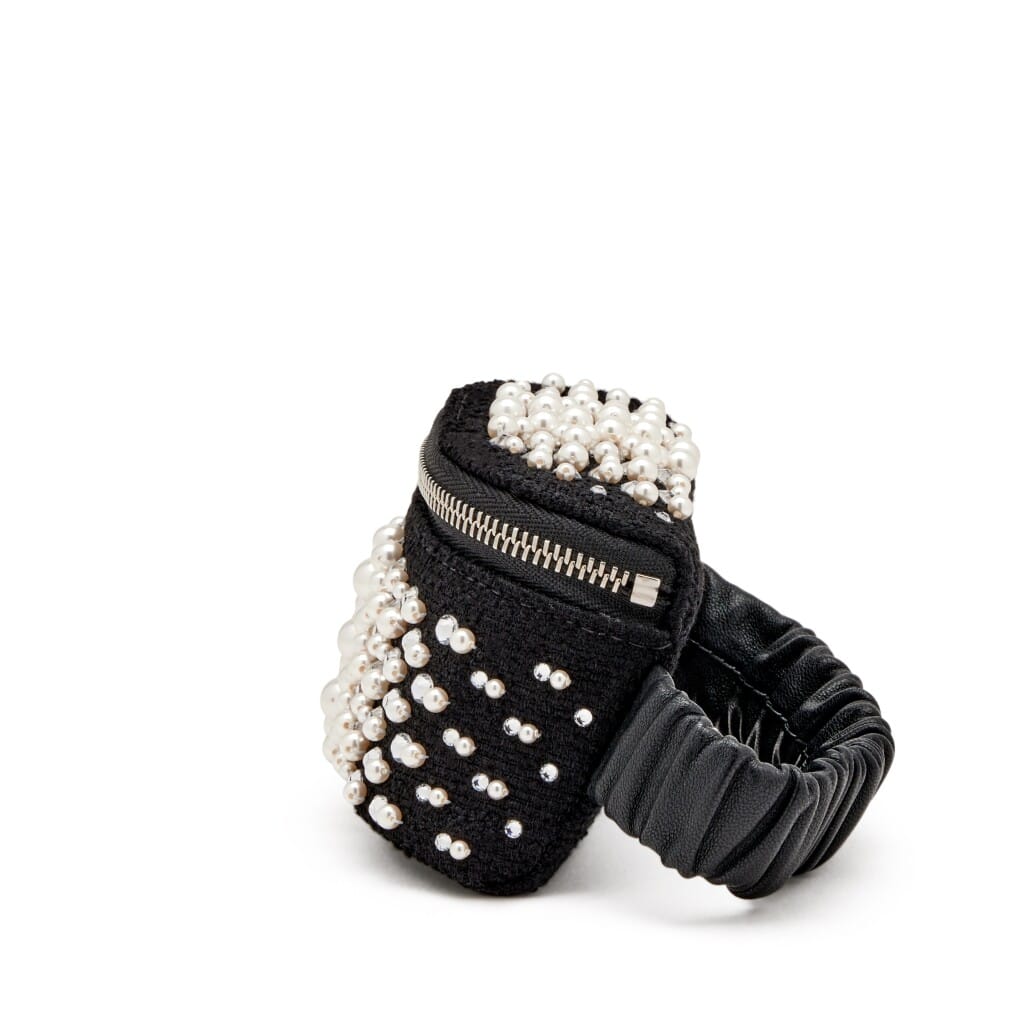 Black Tweed, Imitation Pearl and Strass Arm Band Pouch Silver Hardware, 2021