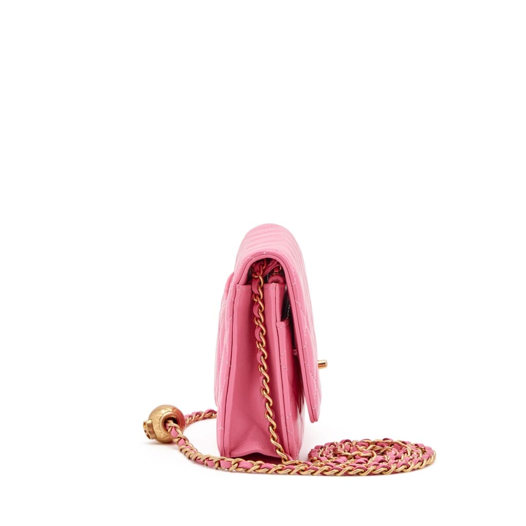 Pink Quilted Lambskin Pearl Crush Wallet on Chain Gold Hardware, 2019