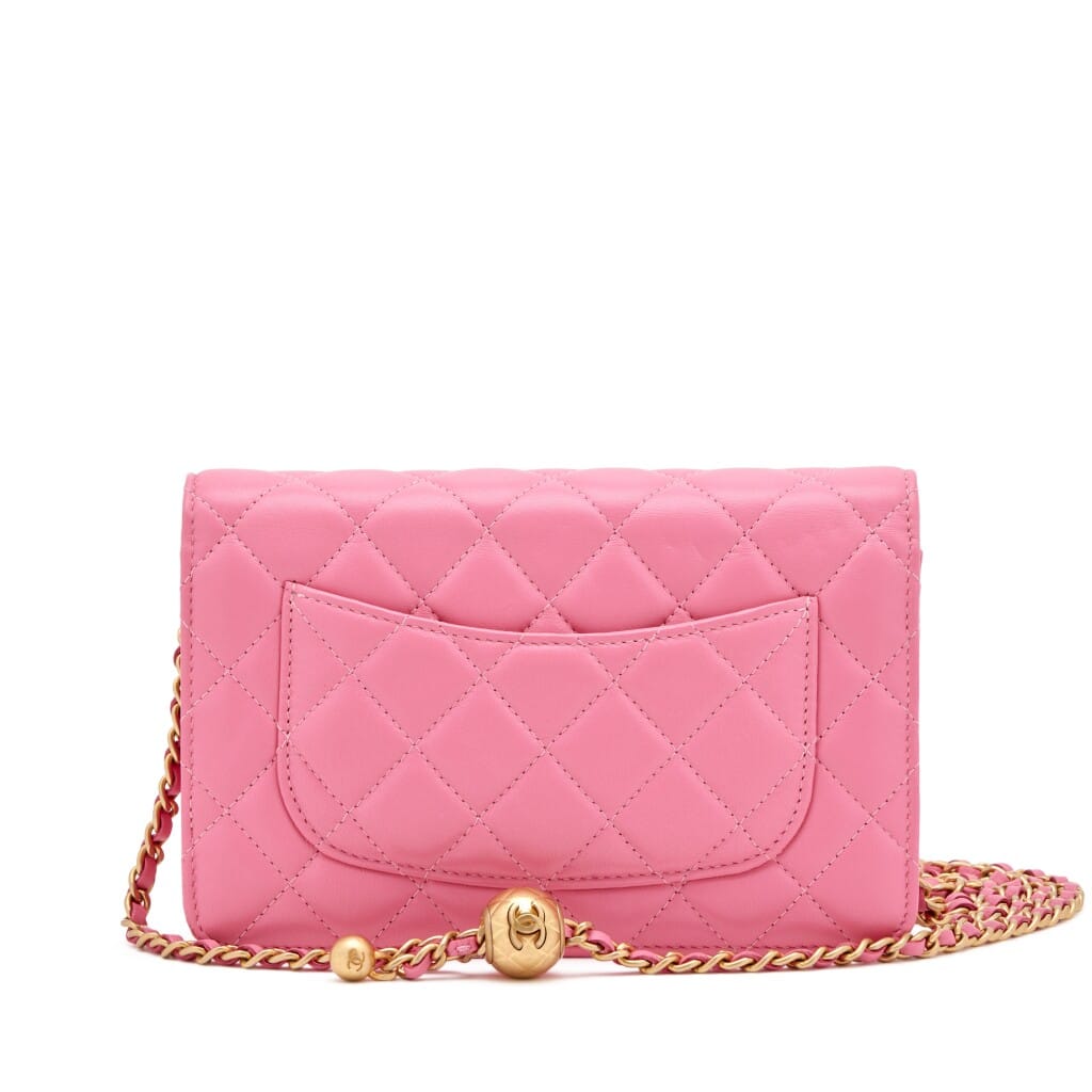 Pink Quilted Lambskin Pearl Crush Wallet on Chain Gold Hardware, 2019