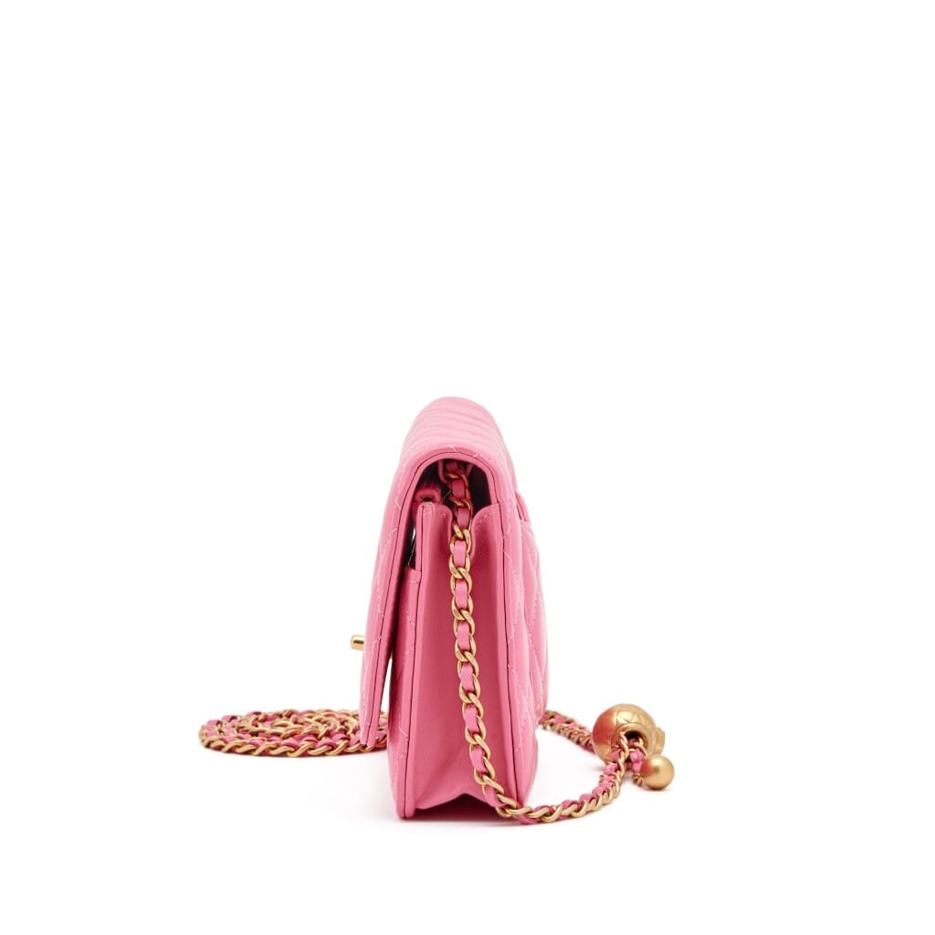Pink Quilted Lambskin Pearl Crush Wallet on Chain Gold Hardware, 2019