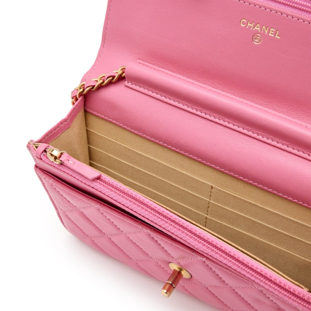 Pink Quilted Lambskin Pearl Crush Wallet on Chain Gold Hardware, 2019