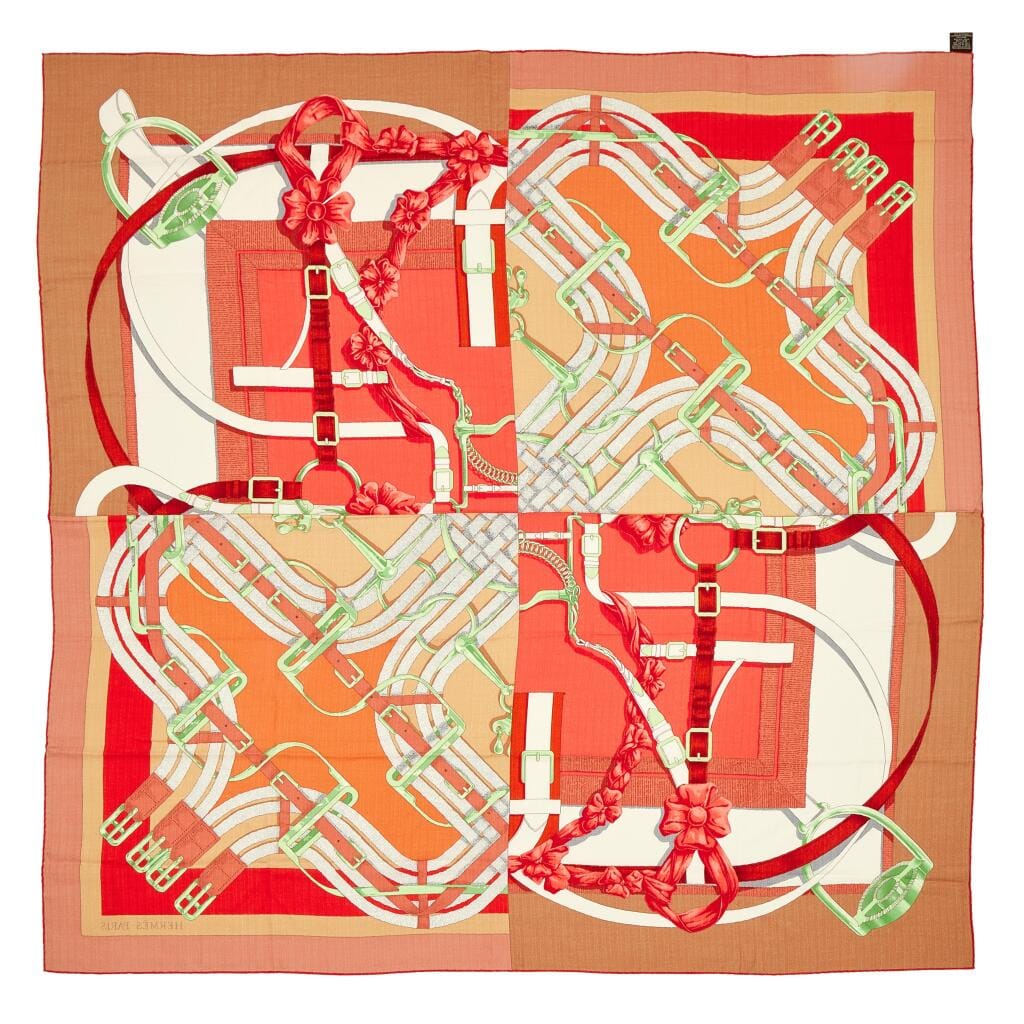 Red and Orange Cashmere and Silk Mors à Jouets Chemise Detail Shawl 140