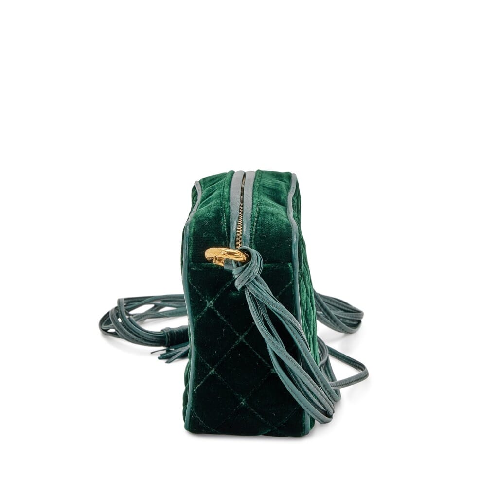 Green Quilted Velvet CC Camera Tassel Bag Gold Hardware, 1991