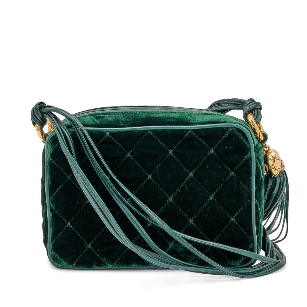 Green Quilted Velvet CC Camera Tassel Bag Gold Hardware, 1991