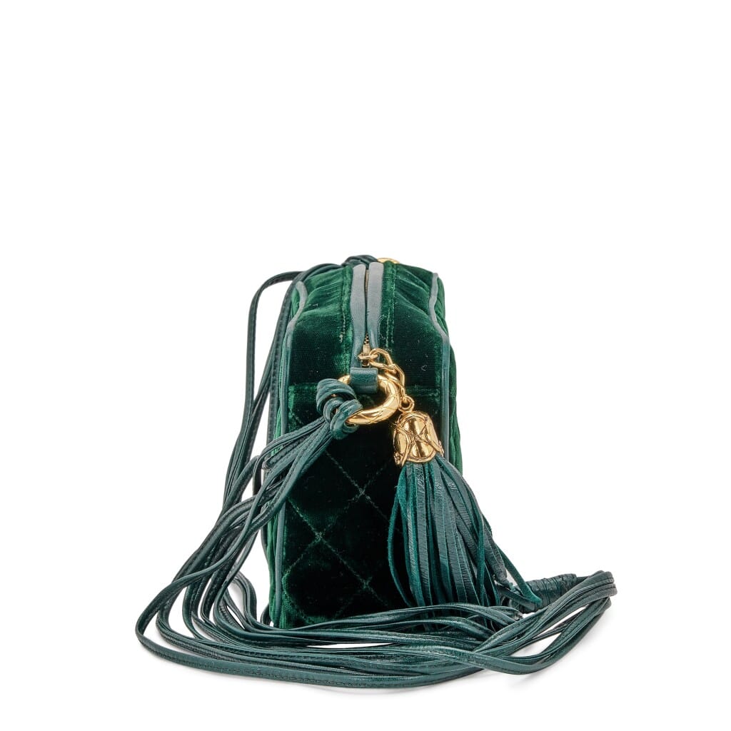 Green Quilted Velvet CC Camera Tassel Bag Gold Hardware, 1991