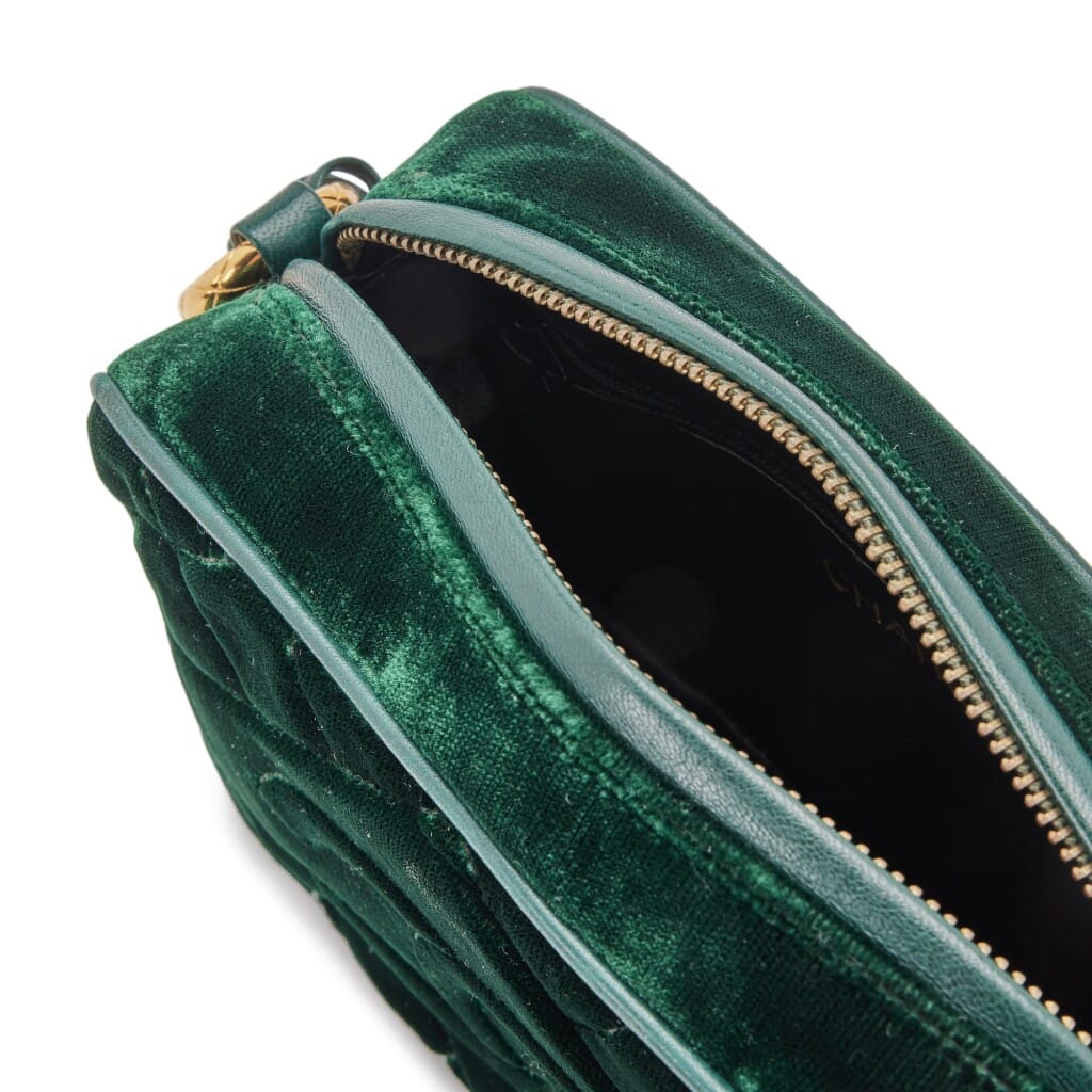 Green Quilted Velvet CC Camera Tassel Bag Gold Hardware, 1991