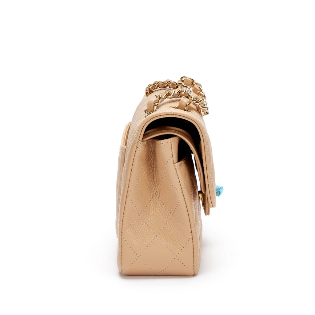 Beige Quilted Caviar Small Classic Double Flap Gold Hardware