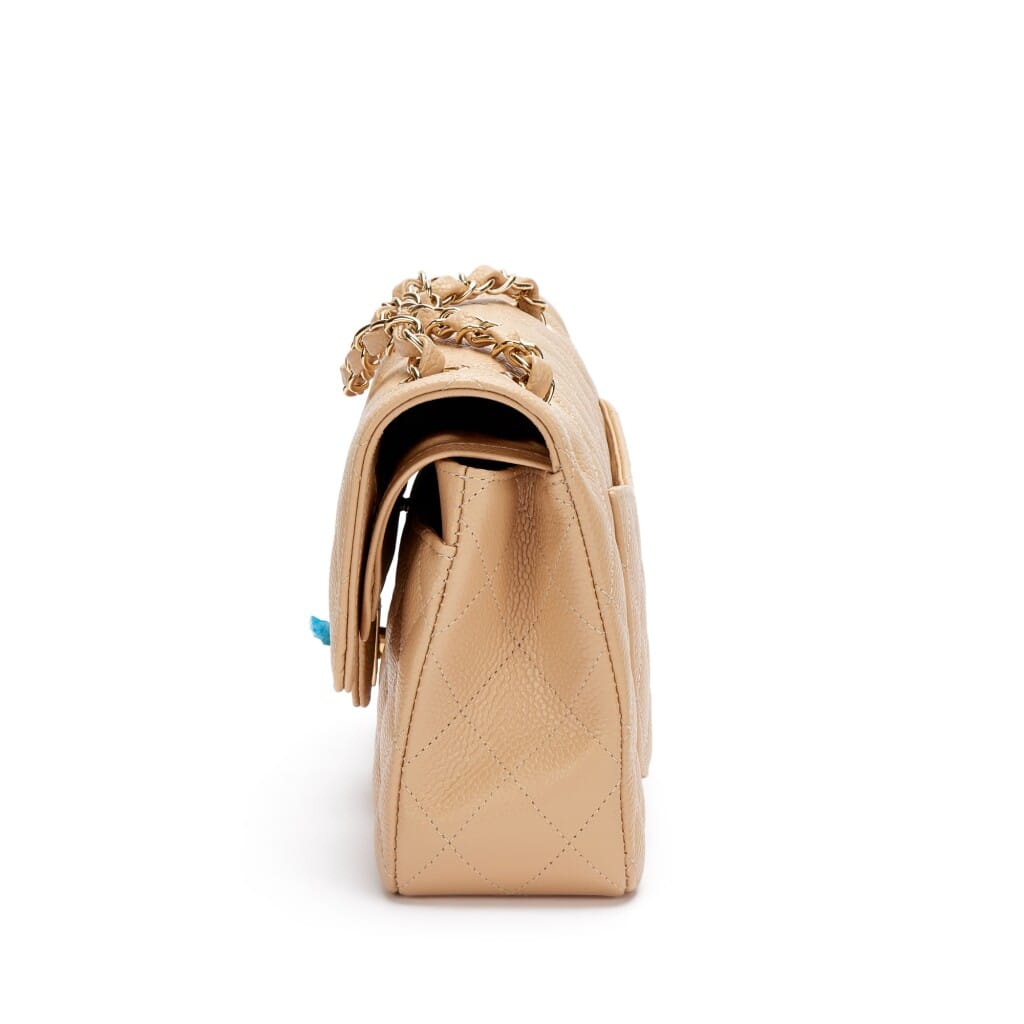 Beige Quilted Caviar Small Classic Double Flap Gold Hardware