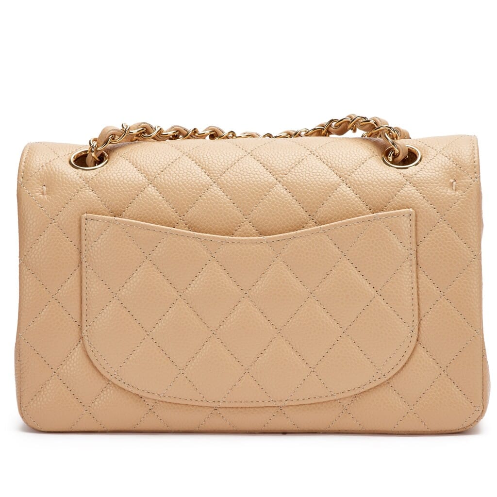 Beige Quilted Caviar Small Classic Double Flap Gold Hardware