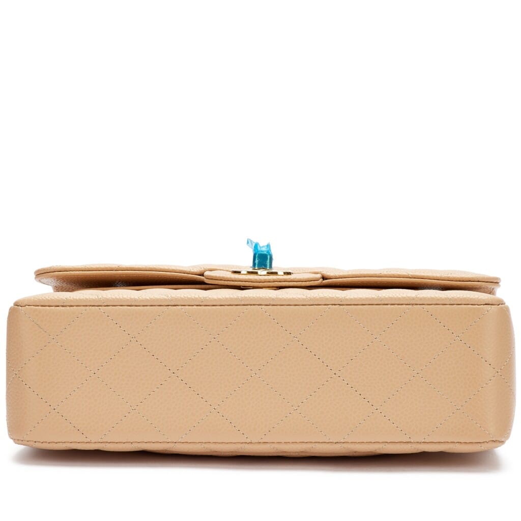 Beige Quilted Caviar Small Classic Double Flap Gold Hardware
