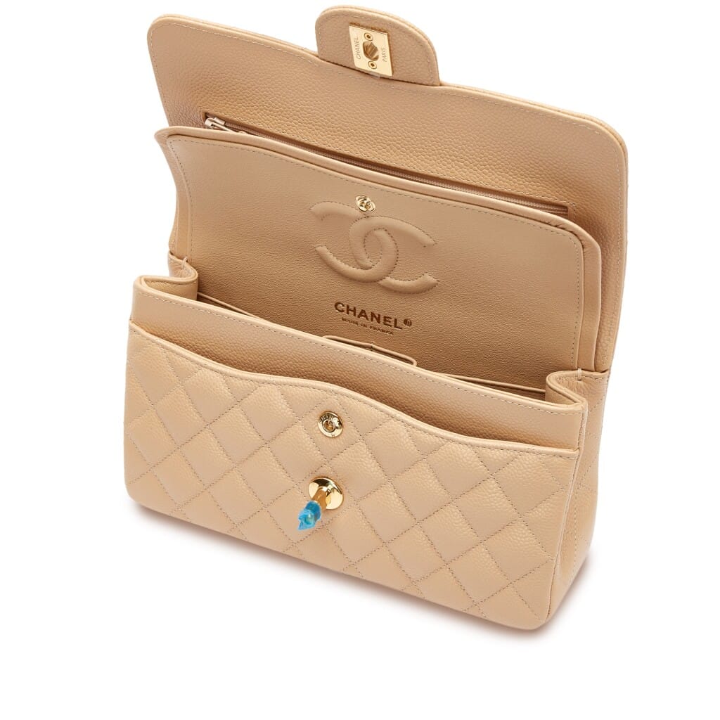 Beige Quilted Caviar Small Classic Double Flap Gold Hardware