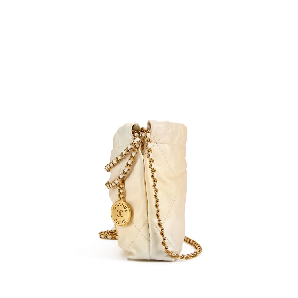 Pearl White Quilted Calfskin Mini 22 Bag Gold Hardware