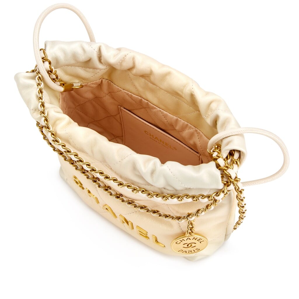 Pearl White Quilted Calfskin Mini 22 Bag Gold Hardware