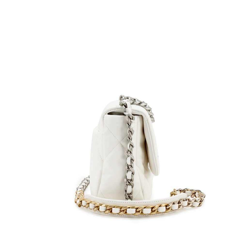 White Quilted Goatskin Medium 19 Flap Brushed Gold and Silver Hardware, 2022