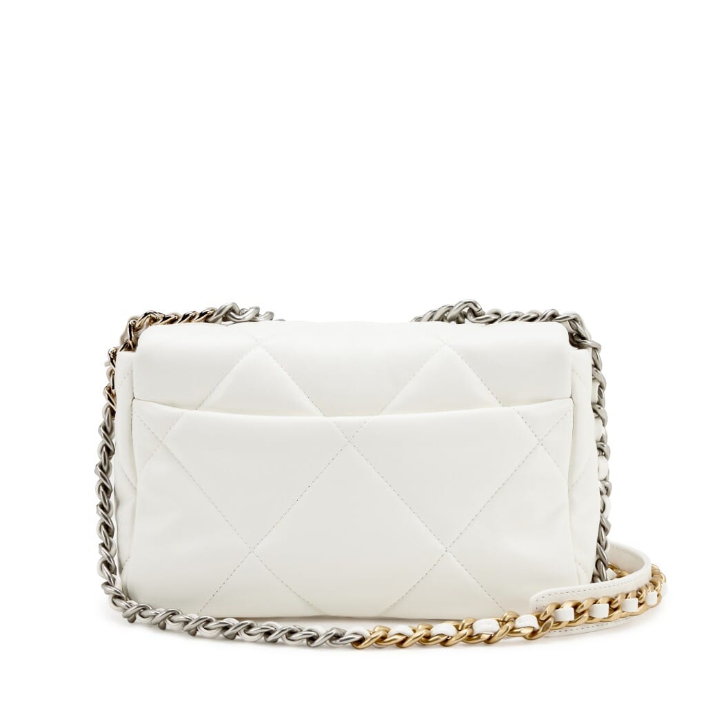 White Quilted Goatskin Medium 19 Flap Brushed Gold and Silver Hardware, 2022