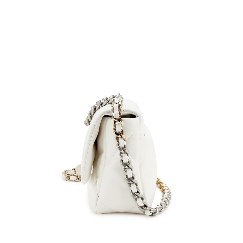 White Quilted Goatskin Medium 19 Flap Brushed Gold and Silver Hardware, 2022