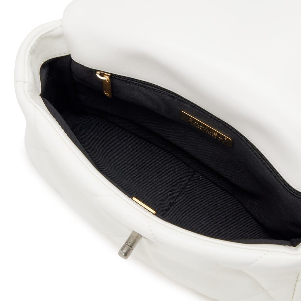 White Quilted Goatskin Medium 19 Flap Brushed Gold and Silver Hardware, 2022